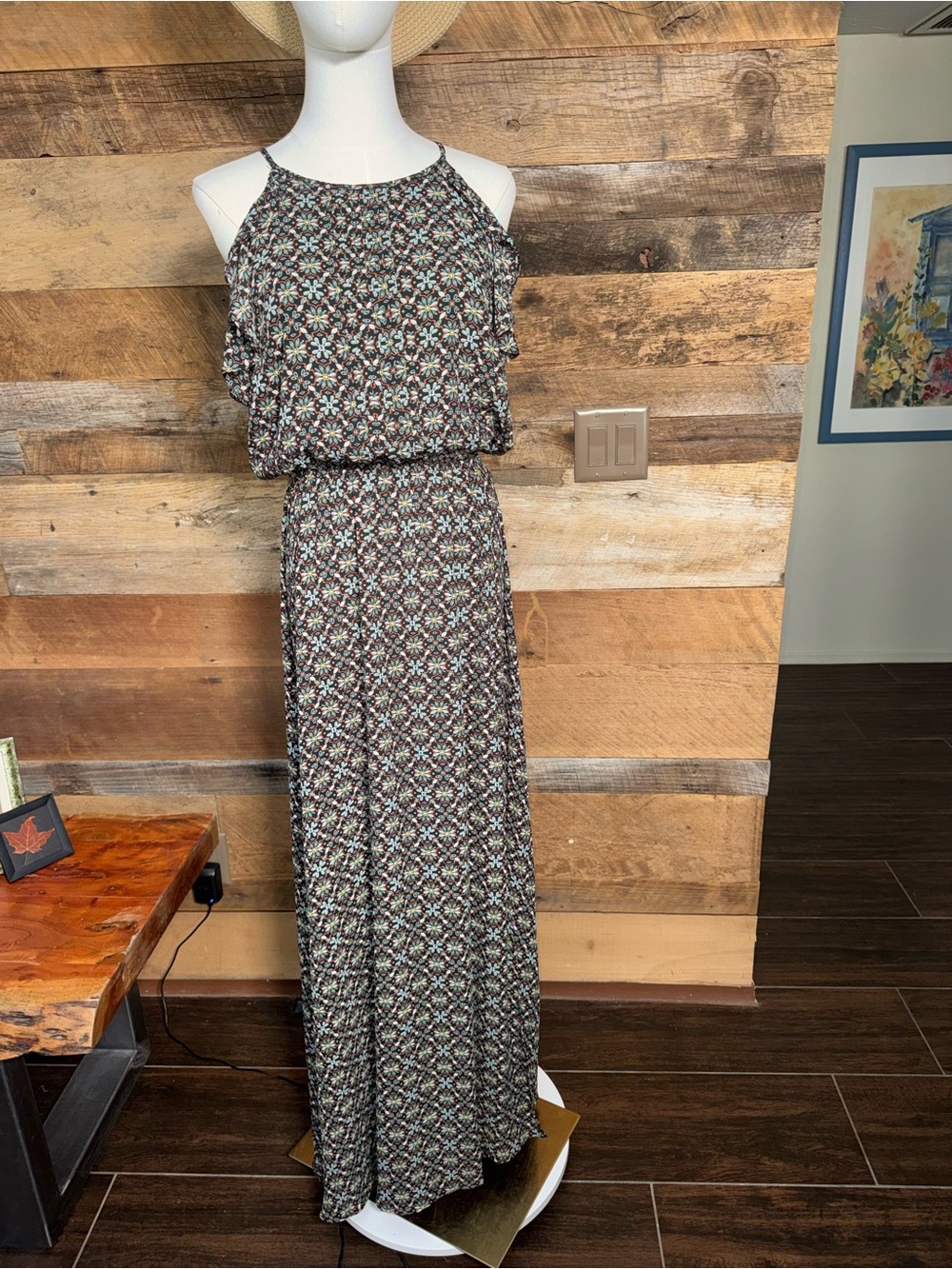 DR2 Geometric Medallion Print Sleeveless Blouson Halter Maxi Dress Small EUC